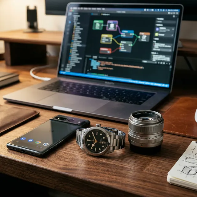 A clean, well-organized stack of four glowing tech layers standing above a chaotic pile of background widgets.