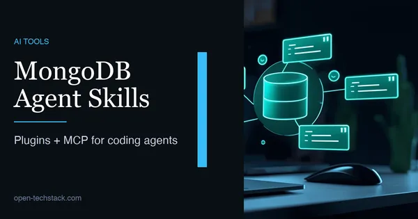 Editorial illustration of an AI coding agent using MongoDB skills, database schema cards, and MCP connections.