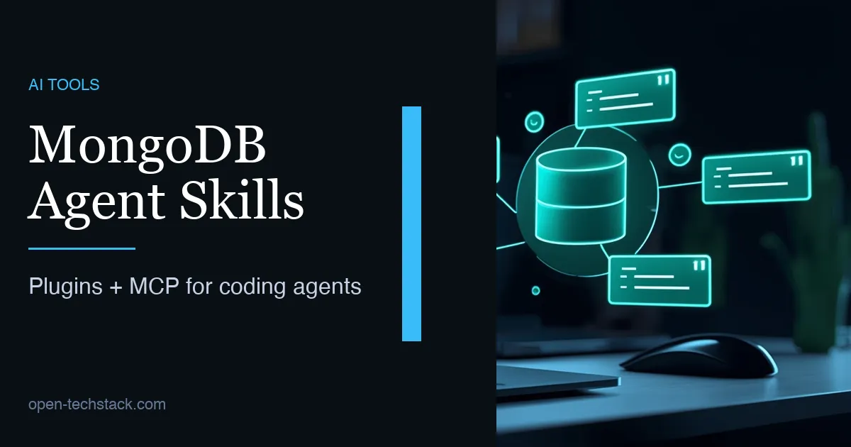 Editorial illustration of an AI coding agent using MongoDB skills, database schema cards, and MCP connections.