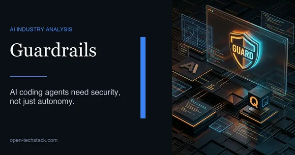 A cinematic, high-contrast editorial photograph of a modern software development environment at night. A large computer screen in the center displays a clean, readable 'SYSCALL: BLOCKED' security alert in a bold red interface, with bold 'GUARDRAILS' typography overlay.