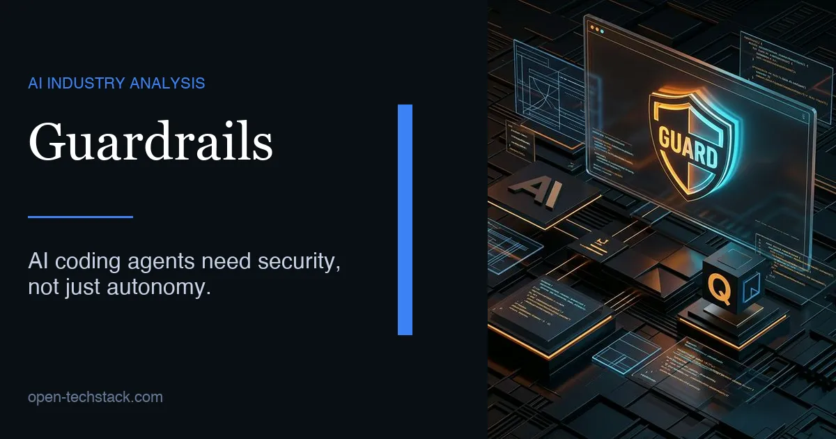 A cinematic, high-contrast editorial photograph of a modern software development environment at night. A large computer screen in the center displays a clean, readable 'SYSCALL: BLOCKED' security alert in a bold red interface, with bold 'GUARDRAILS' typography overlay.