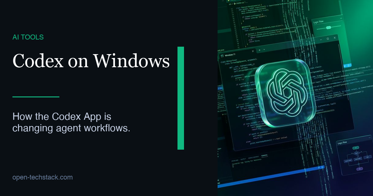 A glowing 3D glass-morphism OpenAI logo emerging from a dark, modern Windows 11 terminal window, surrounded by code streams.