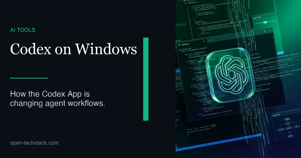 A glowing 3D glass-morphism OpenAI logo emerging from a dark, modern Windows 11 terminal window, surrounded by code streams.