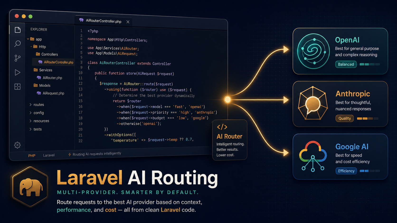 Editorial tech magazine hero image for a Laravel tutorial — code editor window on the left with PHP code showing provider routing logic, connected by arrows to OpenAI, Anthropic, and Google service icons on the right, dark navy with amber and teal accents.
