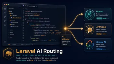 Editorial tech magazine hero image for a Laravel tutorial — code editor window on the left with PHP code showing provider routing logic, connected by arrows to OpenAI, Anthropic, and Google service icons on the right, dark navy with amber and teal accents.