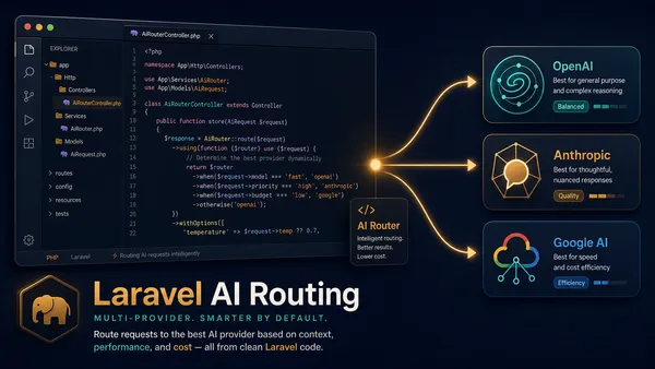 Editorial tech magazine hero image for a Laravel tutorial — code editor window on the left with PHP code showing provider routing logic, connected by arrows to OpenAI, Anthropic, and Google service icons on the right, dark navy with amber and teal accents.
