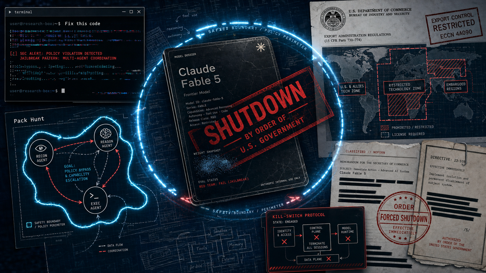Dramatic editorial collage of warning signals, terminal windows, code shards, and neural network diagrams representing the Fable 5 shutdown.