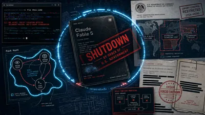 Dramatic editorial collage of warning signals, terminal windows, code shards, and neural network diagrams representing the Fable 5 shutdown.