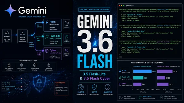 Premium editorial magazine collage for the Gemini 3.6 Flash launch — left panel shows the Google Gemini star logo and wordmark with a three-tier model routing diagram (Flash, Flash-Lite, Cyber) with latency labels and a security & safety layer with packet trace and threat defense panels; center panel has the huge headline 'GEMINI 3.6 FLASH' in bold editorial type with the subhead '3.5 Flash-Lite & 3.5 Flash Cyber' and faster/safer/smarter value props; right-upper panel is a gemini-cli terminal showing API calls to gemini-3.6-flash, gemini-3.5-flash-lite, and gemini-3.5-flash-cyber with tokens/sec and cost output; right-lower panel is a performance and cost benchmark chart comparing tokens/sec and cost per 1M tokens across the three tiers. Deep navy background with cyan electric glow and purple accents. WIRED/Bloomberg Businessweek editorial tech cover style.