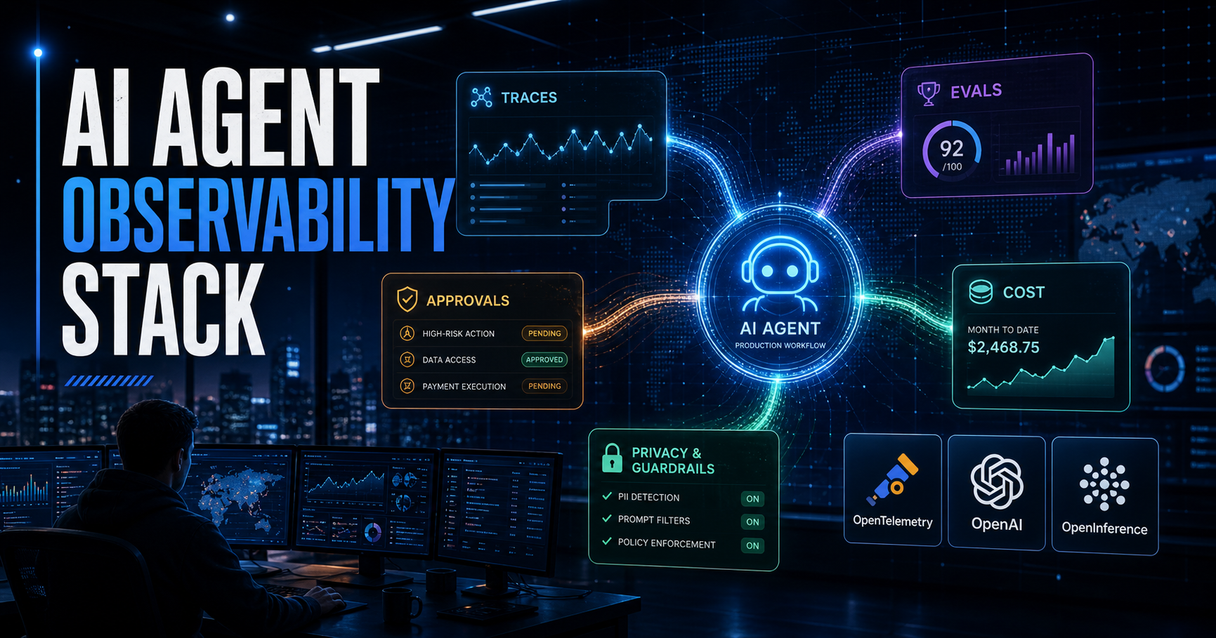 Open-TechStack editorial cover showing an AI agent control room with traces, approval logs, eval signals, and cost telemetry flowing into a production dashboard.