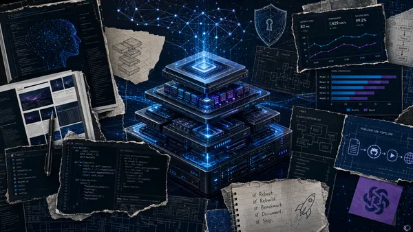 Dramatic editorial collage of a rebooted AI publication stack with terminal panes, benchmark charts, documentation fragments, model-network diagrams, and security layers.