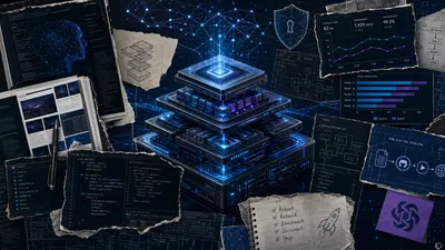 Dramatic editorial collage of a rebooted AI publication stack with terminal panes, benchmark charts, documentation fragments, model-network diagrams, and security layers.