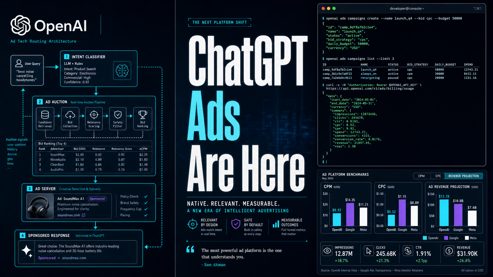 Editorial tech magazine hero image for OpenAI ChatGPT advertising launch — OpenAI logo in metallic silver over deep navy background, ChatGPT conversation interface with sponsored ad marker, Ads Manager dashboard with analytics charts, Best Buy brand integration panel, revenue forecast bar charts in cyan and purple neon glow