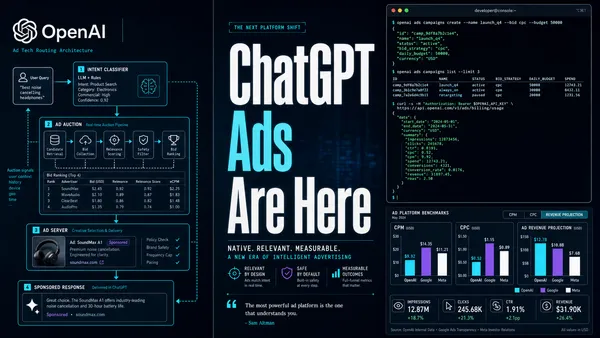Editorial tech magazine hero image for OpenAI ChatGPT advertising launch — OpenAI logo in metallic silver over deep navy background, ChatGPT conversation interface with sponsored ad marker, Ads Manager dashboard with analytics charts, Best Buy brand integration panel, revenue forecast bar charts in cyan and purple neon glow
