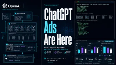 Editorial tech magazine hero image for OpenAI ChatGPT advertising launch — OpenAI logo in metallic silver over deep navy background, ChatGPT conversation interface with sponsored ad marker, Ads Manager dashboard with analytics charts, Best Buy brand integration panel, revenue forecast bar charts in cyan and purple neon glow