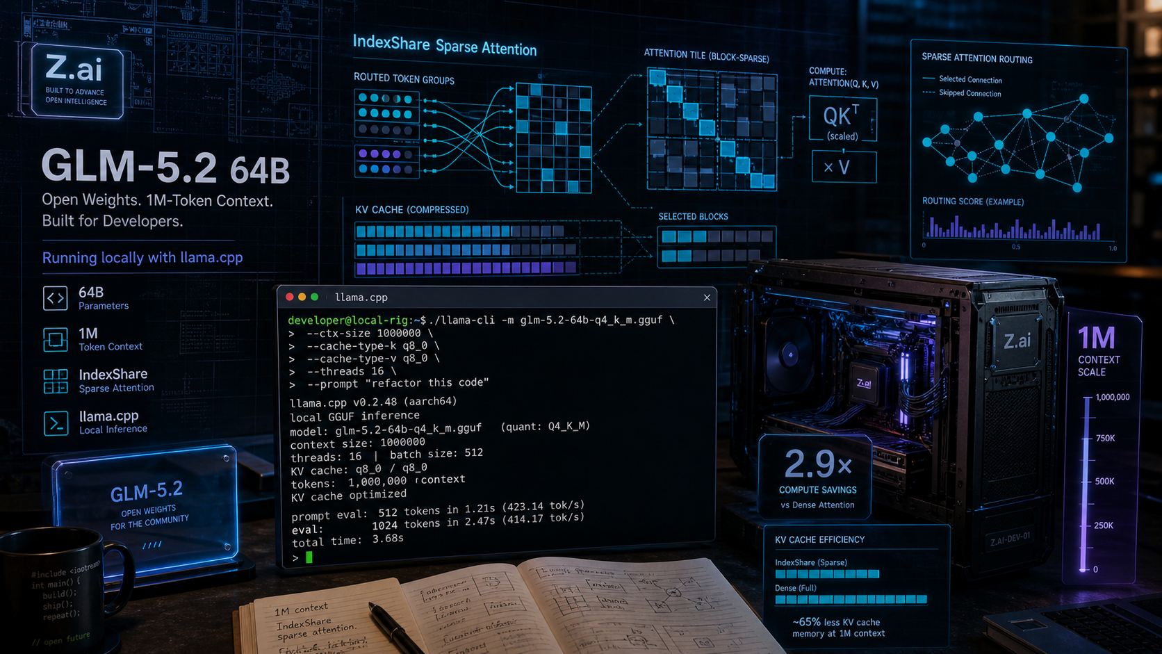 Cinematic layout of neural network sparse attention matrices with glowing index connections, symbolizing the GLM-5.2 IndexShare design.