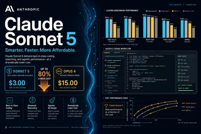 Editorial tech magazine spread with Anthropic brand elements, a Sonnet-class tier badge next to an Opus-class badge with a price arrow between them, benchmark bars climbing, terminal windows showing agentic coding workflows, and a cost-performance curve — dark navy base with cyan and amber accents.