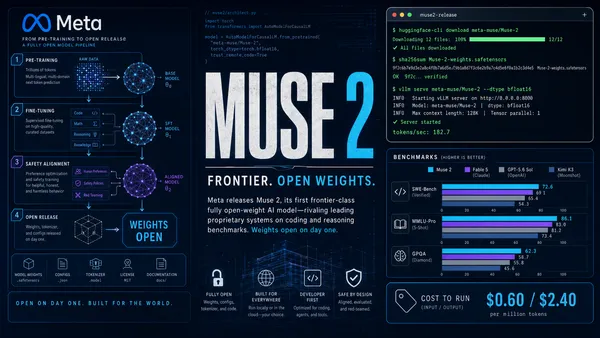 Premium editorial magazine collage for the Meta Muse 2 open-weight launch — left panel shows the Meta infinity logo lockup integrated with a model architecture and release pipeline diagram (pre-training, fine-tuning, safety alignment, open release) with directional arrows and a 'WEIGHTS OPEN' badge; center panel has the huge headline 'MUSE 2' in bold editorial type with the subhead 'FRONTIER. OPEN WEIGHTS.' and value props; right-upper panel is a terminal window showing huggingface-cli download, checksum verification, and vLLM serve commands for meta-muse/Muse-2 with tokens/sec output; right-lower panel is a benchmark comparison chart with bars for SWE-Bench, MMLU-Pro, and GPQA comparing Muse 2 against Fable 5, GPT-5.6 Sol, and Kimi K3, plus a cost-per-million-tokens panel showing $0.60/$2.40. Deep navy background with cyan electric glow and purple accents. WIRED/Bloomberg Businessweek editorial tech cover style.