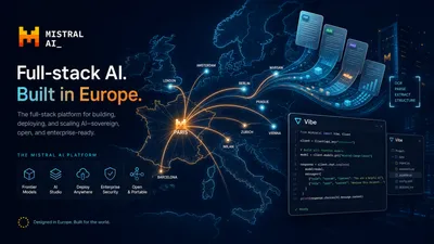 Editorial tech magazine spread for a story about Mistral AI — a stylized European map with glowing AI nodes connecting Paris to major industrial hubs, overlaid with abstract document processing streams, code editor windows, and a data center silhouette. Deep midnight blue with Mistral-style cyan and warm amber accents.