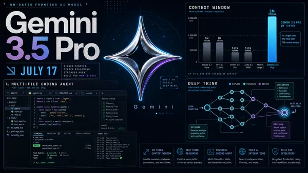 Metallic Google Gemini logo over a glowing deep-navy backdrop, a 2M-context window bar chart, a Deep Think reasoning flow diagram, and a terminal window running a multi-file coding agent — editorial tech-magazine collage.