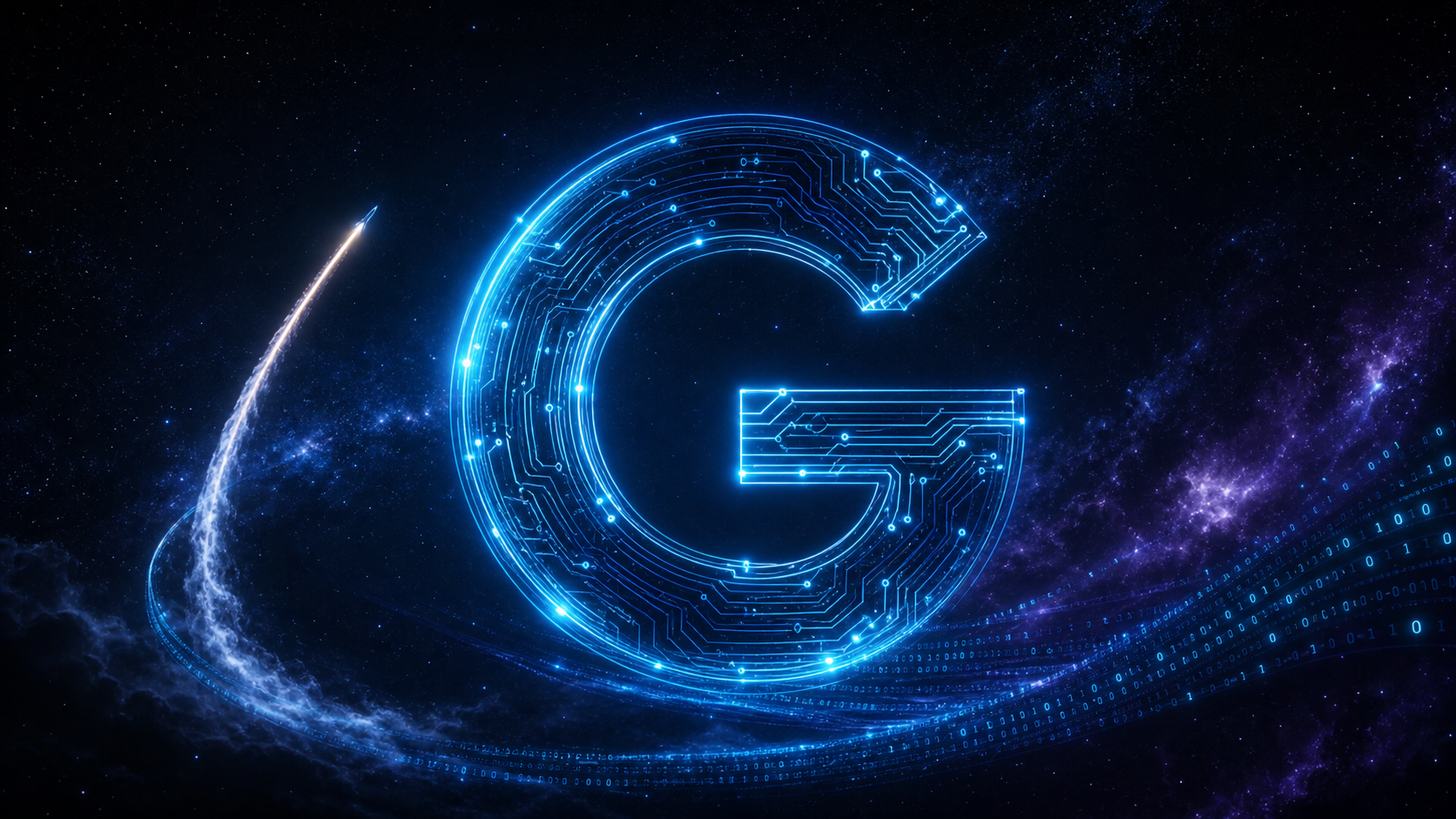 Editorial tech magazine hero image for Grok 4.5 — a glowing neon letter G formed from circuit traces against a dark cosmic background with rocket trail elements, deep space blue to violet gradient with cyan and electric blue accents.