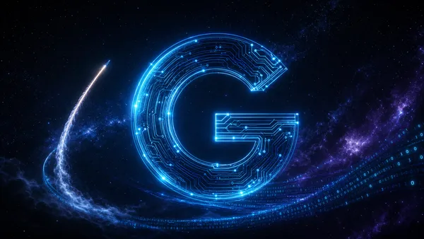 Editorial tech magazine hero image for Grok 4.5 — a glowing neon letter G formed from circuit traces against a dark cosmic background with rocket trail elements, deep space blue to violet gradient with cyan and electric blue accents.