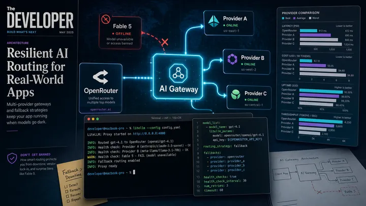 Editorial magazine collage of a network routing diagram with multiple AI provider nodes, a terminal window showing gateway configuration, and flow lines bypassing a blocked node — dark navy with cyan and red warning accents.