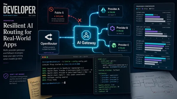 Editorial magazine collage of a network routing diagram with multiple AI provider nodes, a terminal window showing gateway configuration, and flow lines bypassing a blocked node — dark navy with cyan and red warning accents.