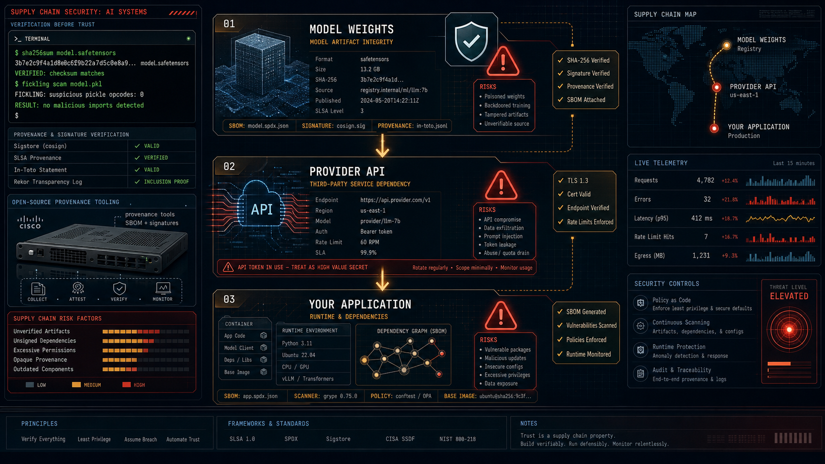 Editorial security magazine spread with a supply chain flow diagram showing model weights → provider API → your application, with red warning indicators at each stage, shield icons, terminal logs showing hash verification, and binary fingerprint scanning, dark red-navy background with amber threat markers.