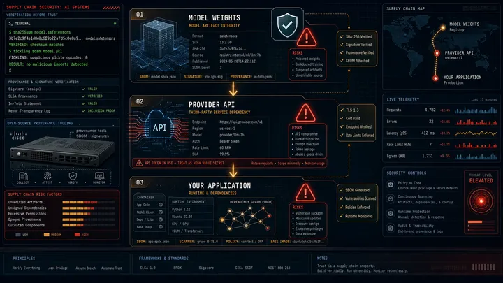 Editorial security magazine spread with a supply chain flow diagram showing model weights → provider API → your application, with red warning indicators at each stage, shield icons, terminal logs showing hash verification, and binary fingerprint scanning, dark red-navy background with amber threat markers.