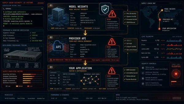 Editorial security magazine spread with a supply chain flow diagram showing model weights → provider API → your application, with red warning indicators at each stage, shield icons, terminal logs showing hash verification, and binary fingerprint scanning, dark red-navy background with amber threat markers.