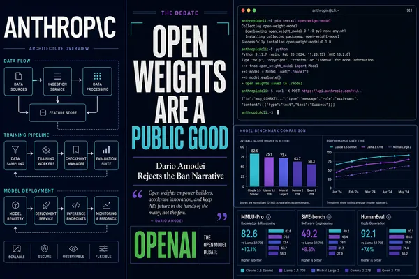 Editorial tech magazine cover — 'ANTHROPIC' in bold white/cyan typography on the left with a connected architecture diagram (DATA PIPELINE → TRAINING → EVALUATION → DEPLOYMENT) with directional arrows, center headline 'OPEN WEIGHTS: A PUBLIC GOOD' with subtitle 'Dario Amodei Rejects the Ban Narrative', right-upper terminal/CLI window with pip install and curl commands showing code lines and visible output prompts, right-lower benchmark bar chart panel comparing MMLU-Pro, GPQA, HumanEval, SWE-bench, and GSM8K with numeric percentage values. Deep navy background with cyan electric glow and restrained purple accents, premium WIRED/Bloomberg tech magazine style.