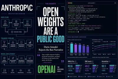 Editorial tech magazine cover — 'ANTHROPIC' in bold white/cyan typography on the left with a connected architecture diagram (DATA PIPELINE → TRAINING → EVALUATION → DEPLOYMENT) with directional arrows, center headline 'OPEN WEIGHTS: A PUBLIC GOOD' with subtitle 'Dario Amodei Rejects the Ban Narrative', right-upper terminal/CLI window with pip install and curl commands showing code lines and visible output prompts, right-lower benchmark bar chart panel comparing MMLU-Pro, GPQA, HumanEval, SWE-bench, and GSM8K with numeric percentage values. Deep navy background with cyan electric glow and restrained purple accents, premium WIRED/Bloomberg tech magazine style.