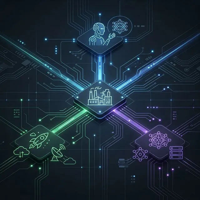 Terafab Vertical Integration diagram showing a central chip factory connecting to Optimus robots, satellite compute arrays, and AI training clusters.
