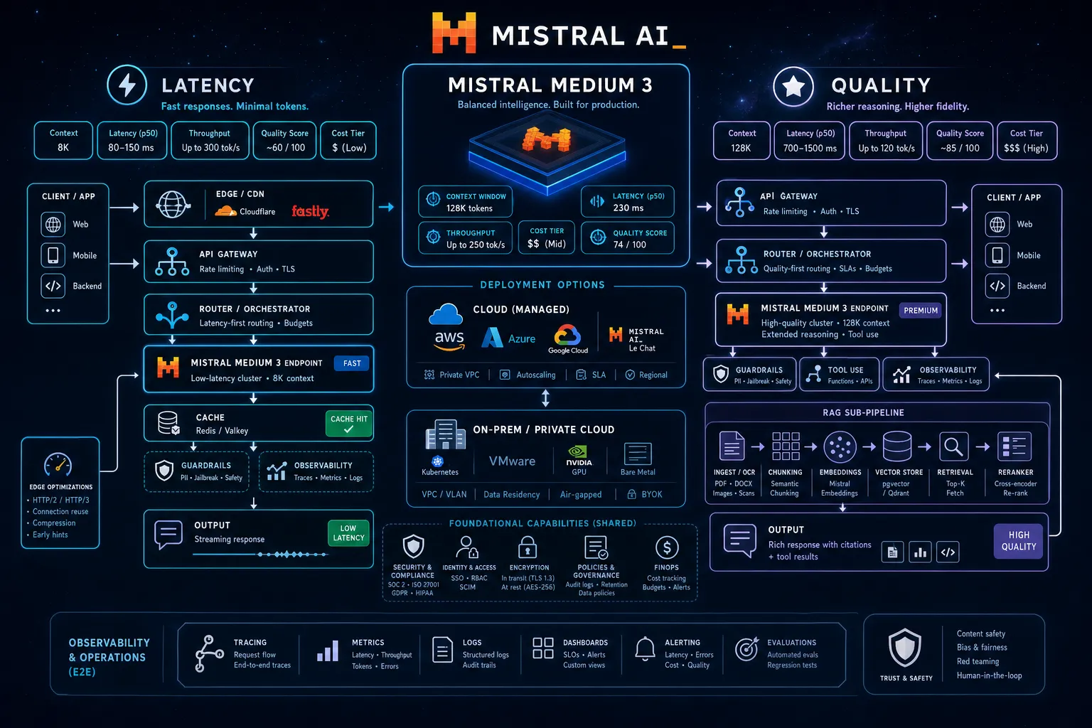 Technical workflow diagram for Mistral Medium 3 in Production: Latency vs Quality