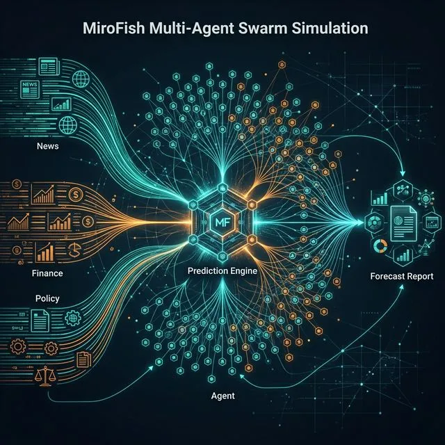 A multi-agent swarm architecture diagram for MiroFish with data converging on the prediction engine