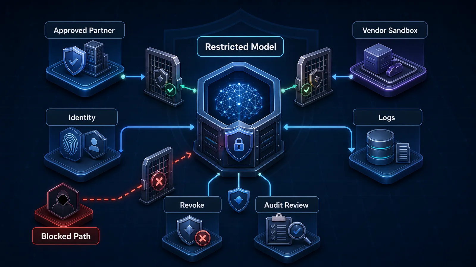 Defensive vendor-isolation diagram for restricted AI model access showing identity, approved partners, vendor sandbox, logs, revocation, audit review, and a blocked unauthorized path