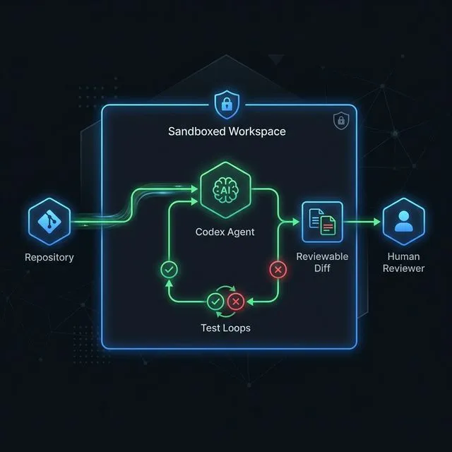 AI Coding Agent Sandbox Workflow Diagram showing Codex Agent pulling, validating, and outputting to human review