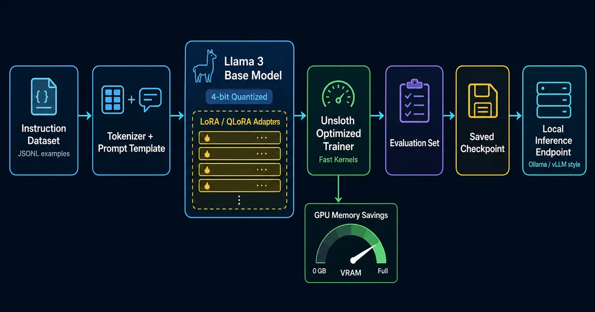Technical workflow diagram for Fine-Tuning Llama 3 with Unsloth