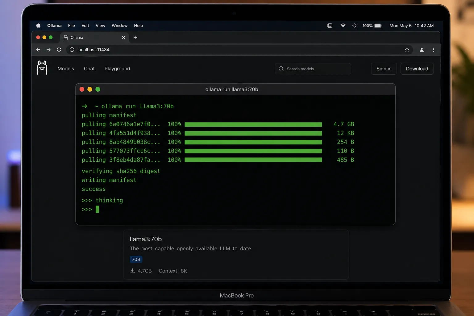 Ollama web interface showing terminal with model loaded