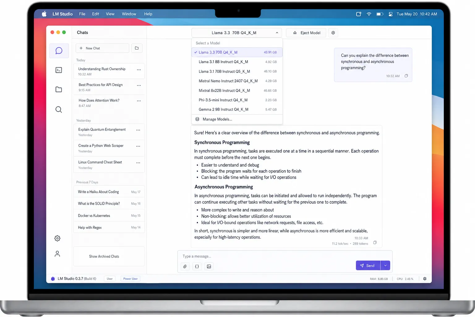 LM Studio main interface with model selector and chat window