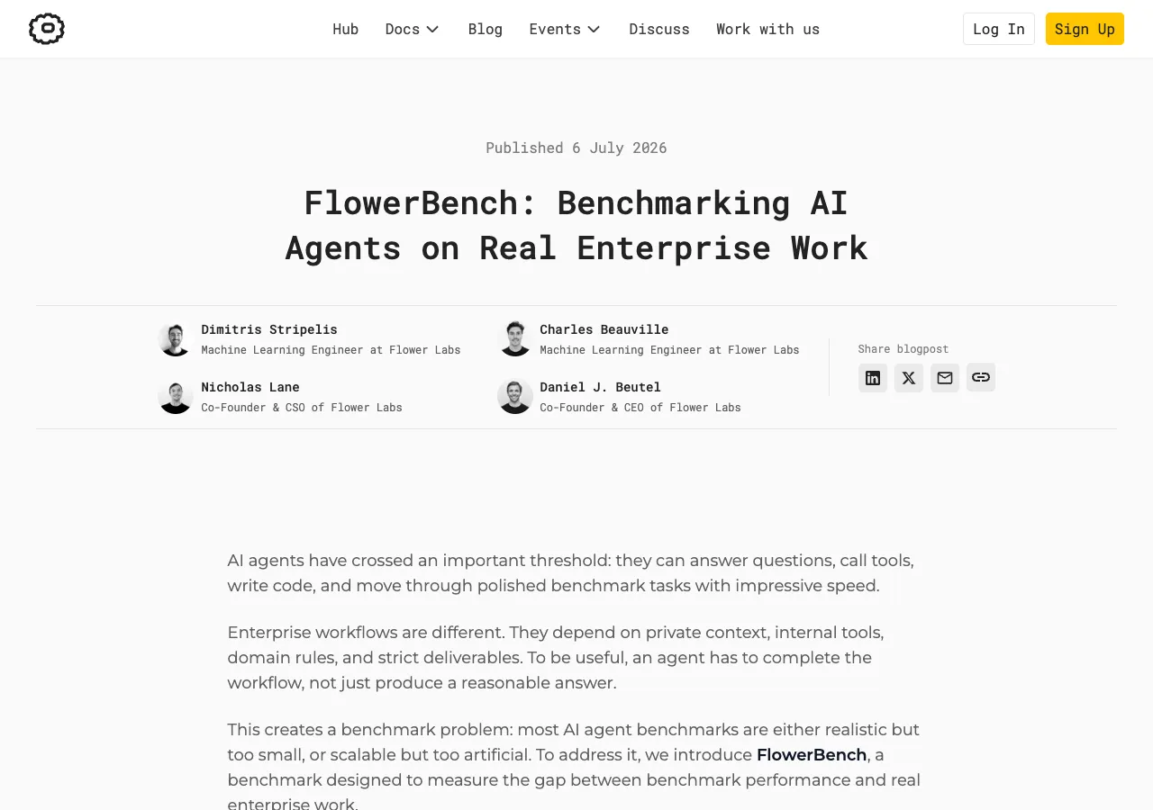 Flower AI's FlowerBench announcement — source: flower.ai