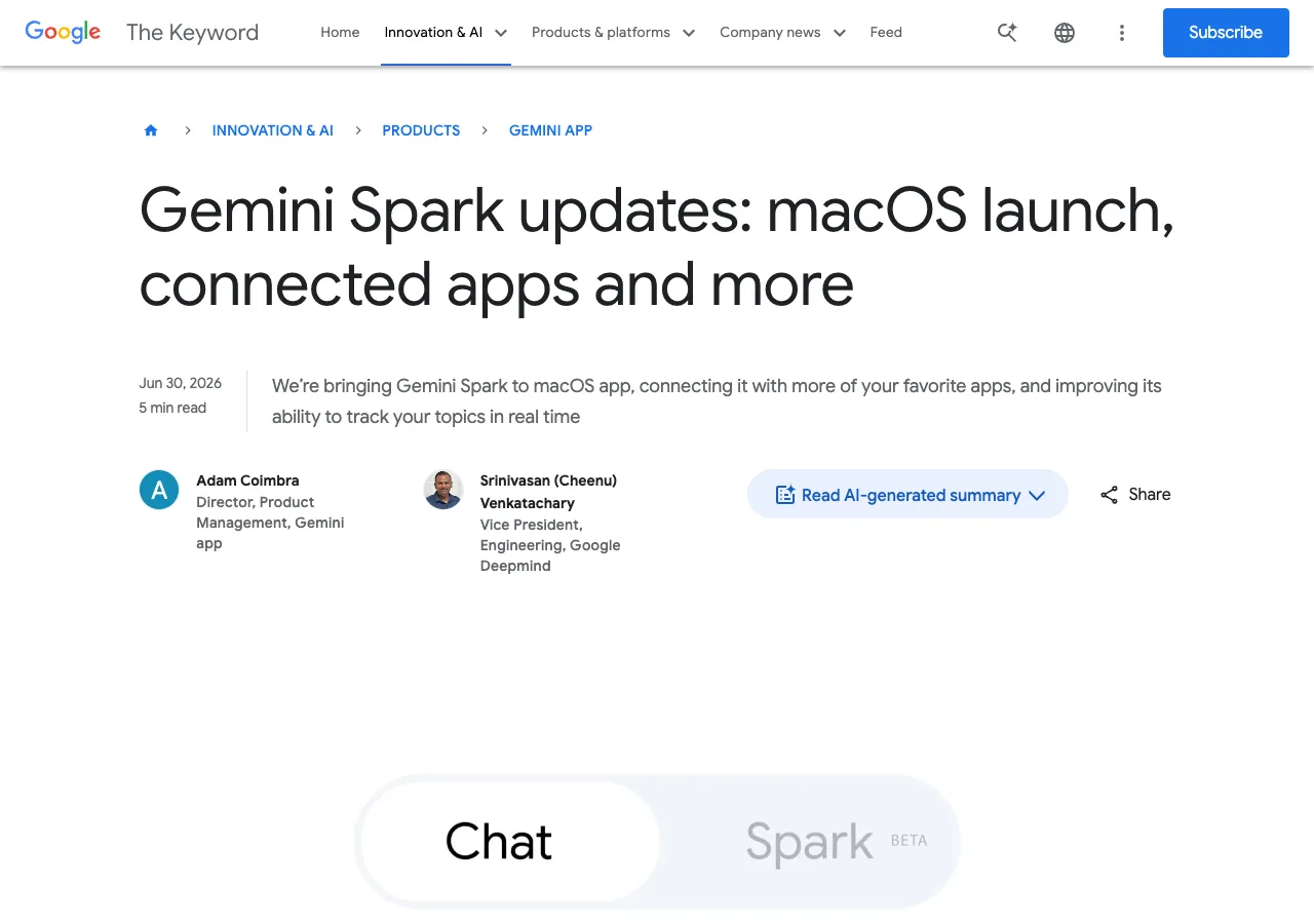 Google's Gemini Spark announcement page showing the headline, date, author info, and the Chat vs. Spark BETA interface toggle.