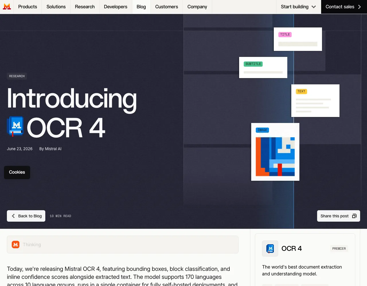 Mistral OCR 4 announcement page showing the "Introducing OCR 4" headline, Mistral logo, navigation, and dark hero image with floating card graphics.