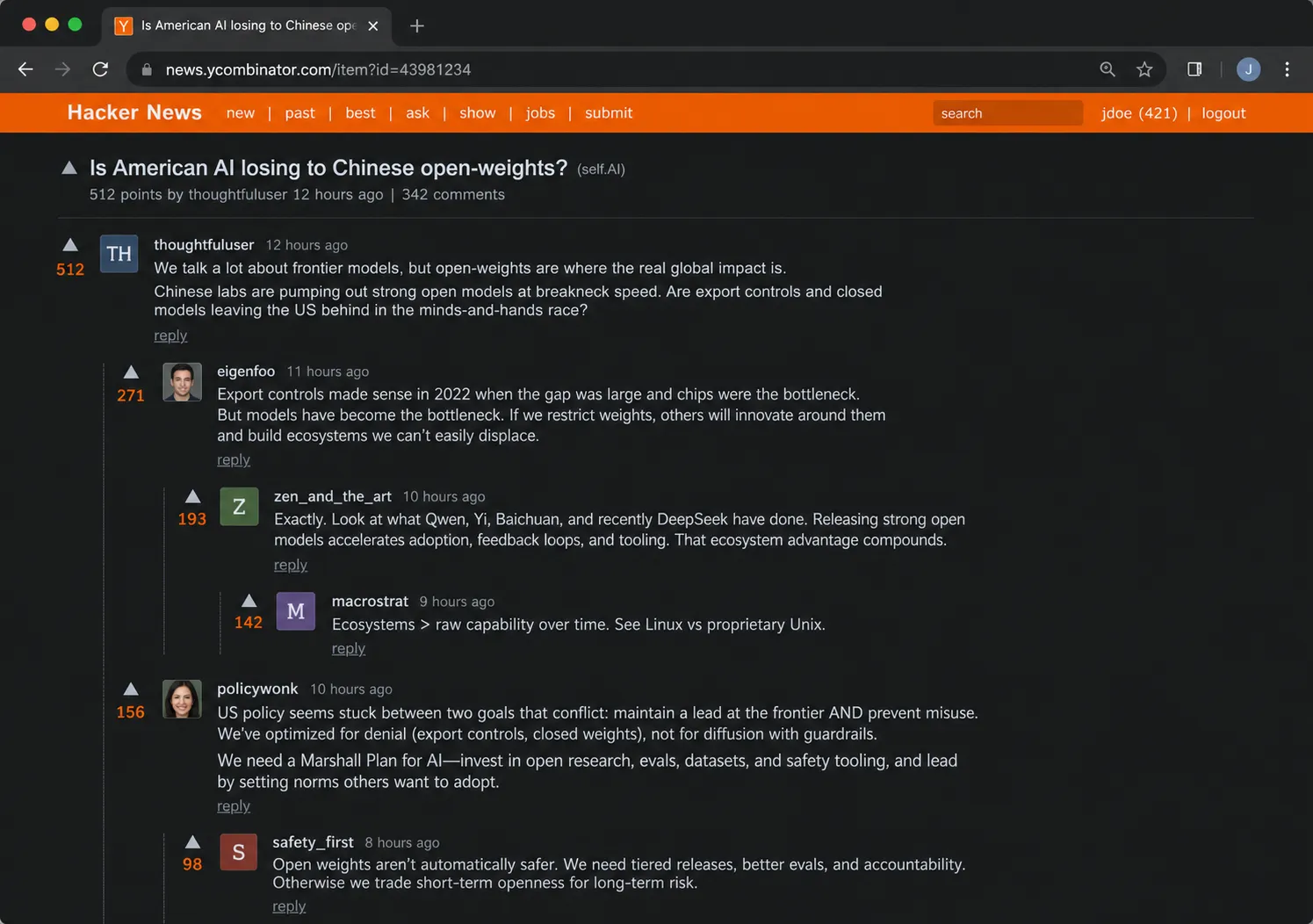 Ben Werdmuller's American AI essay on Hacker News — source: werd.io