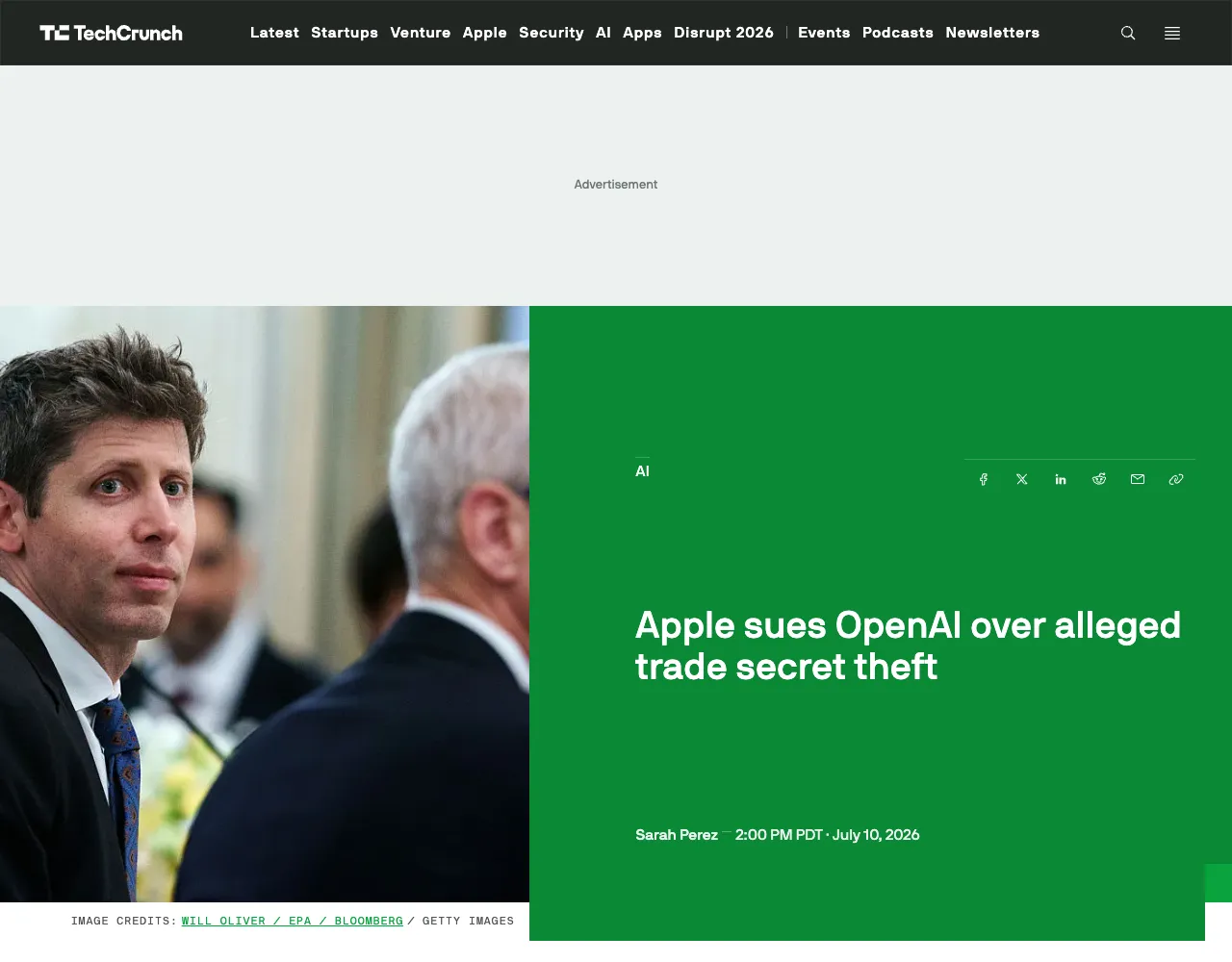 TechCrunch article showing the headline "Apple sues OpenAI over alleged trade secret theft", TechCrunch logo, date July 10, 2026, author Sarah Perez, and hero image of Tim Cook and Sam Altman.