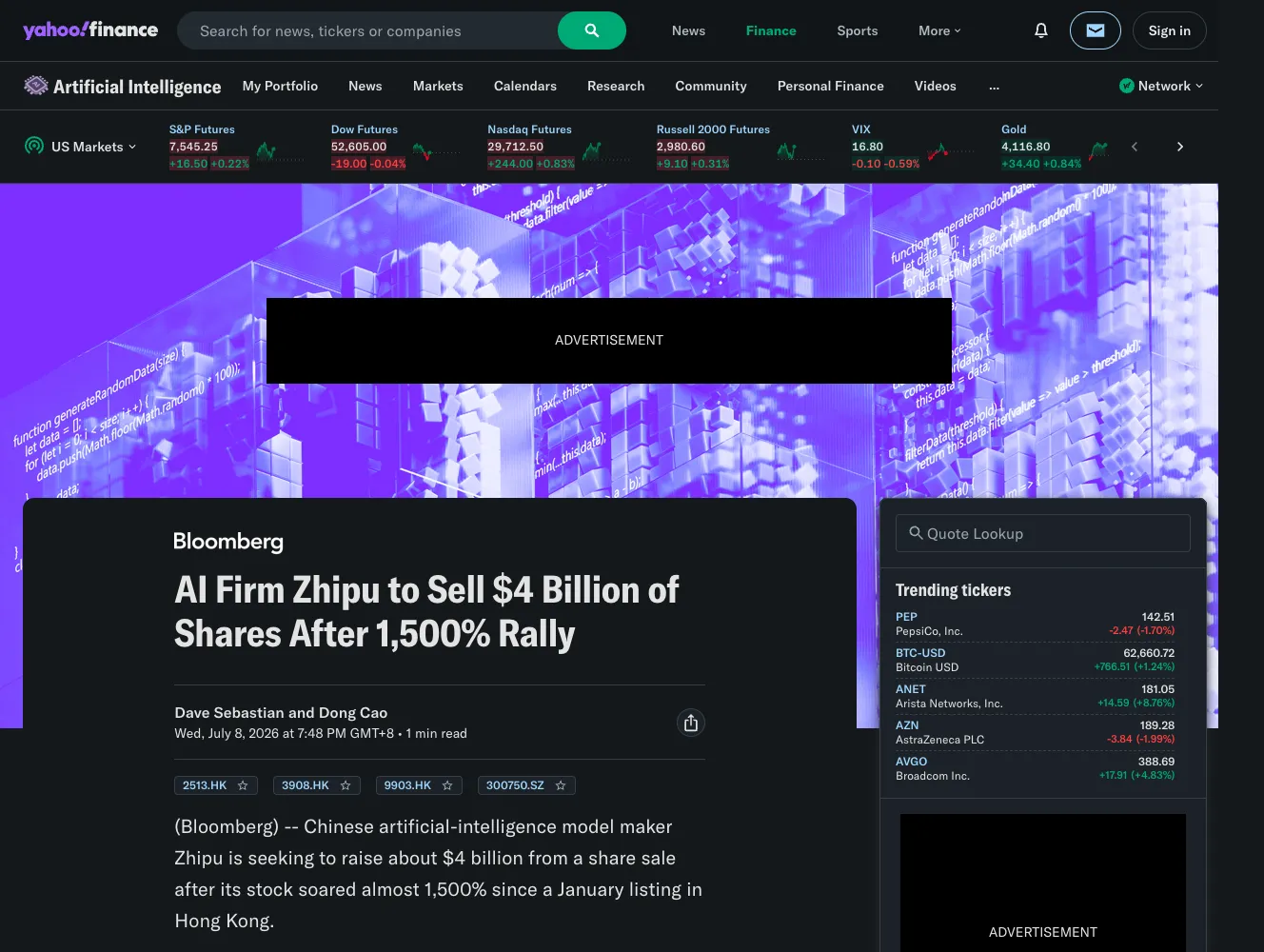 Bloomberg/Yahoo Finance article showing the headline "AI Firm Zhipu to Sell $4 Billion of Shares After 1,500% Rally", Yahoo Finance logo, date, and author.