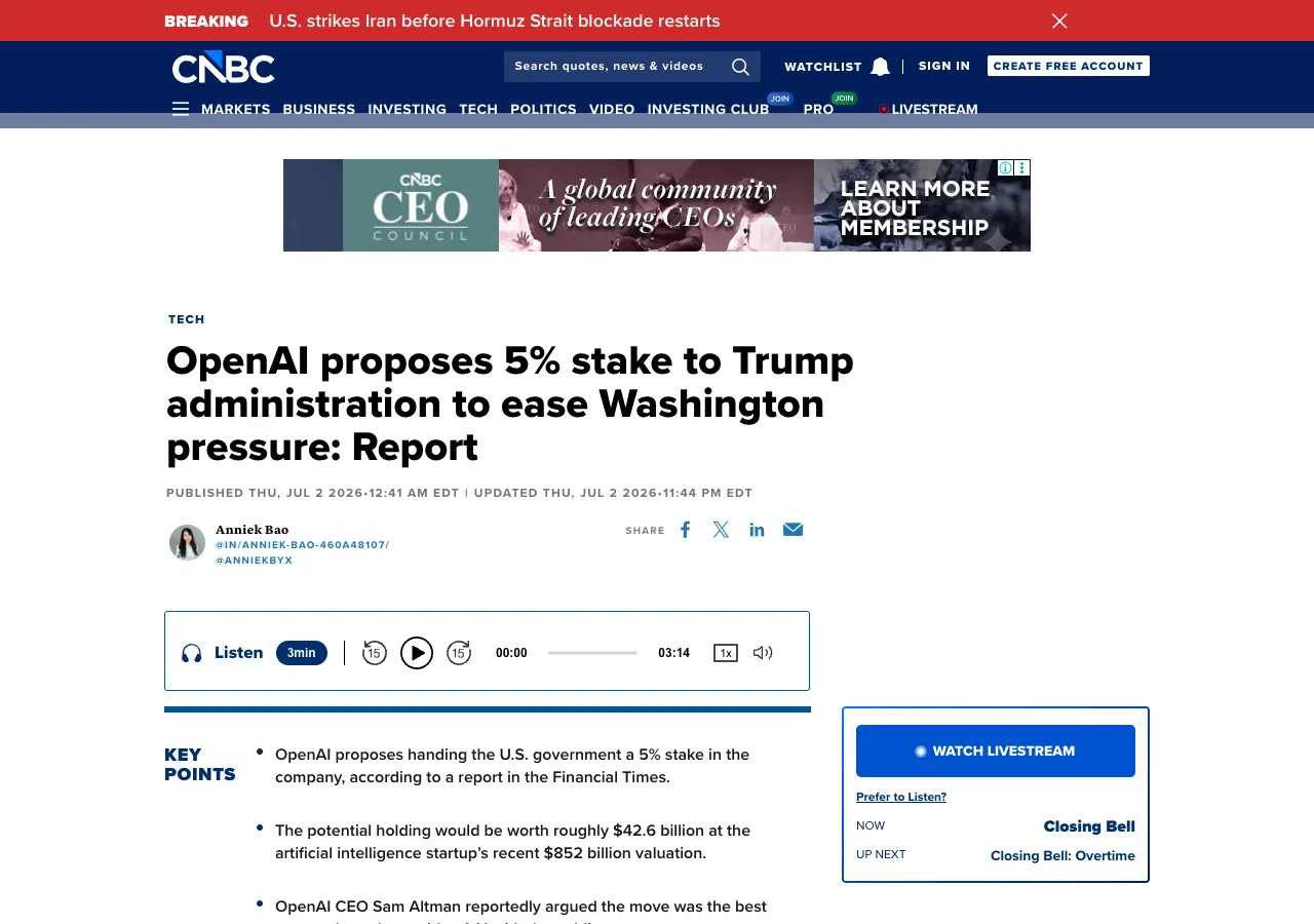 CNBC report on OpenAI's proposed 5% US government stake — source: CNBC