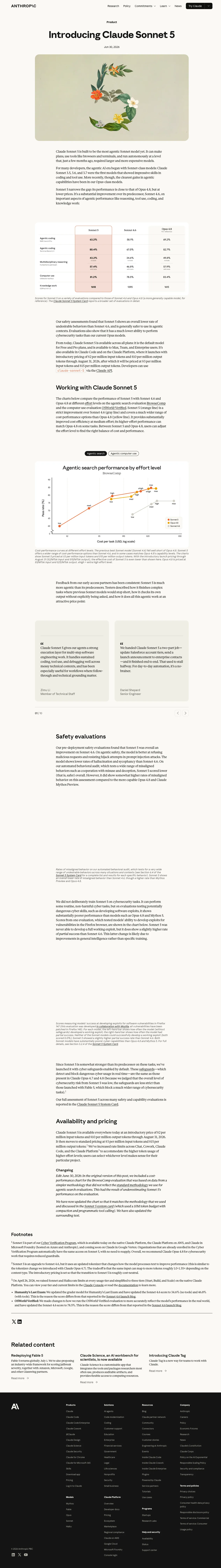Anthropic announcement page for Claude Sonnet 5, showing the headline, benchmark table, and pricing details.