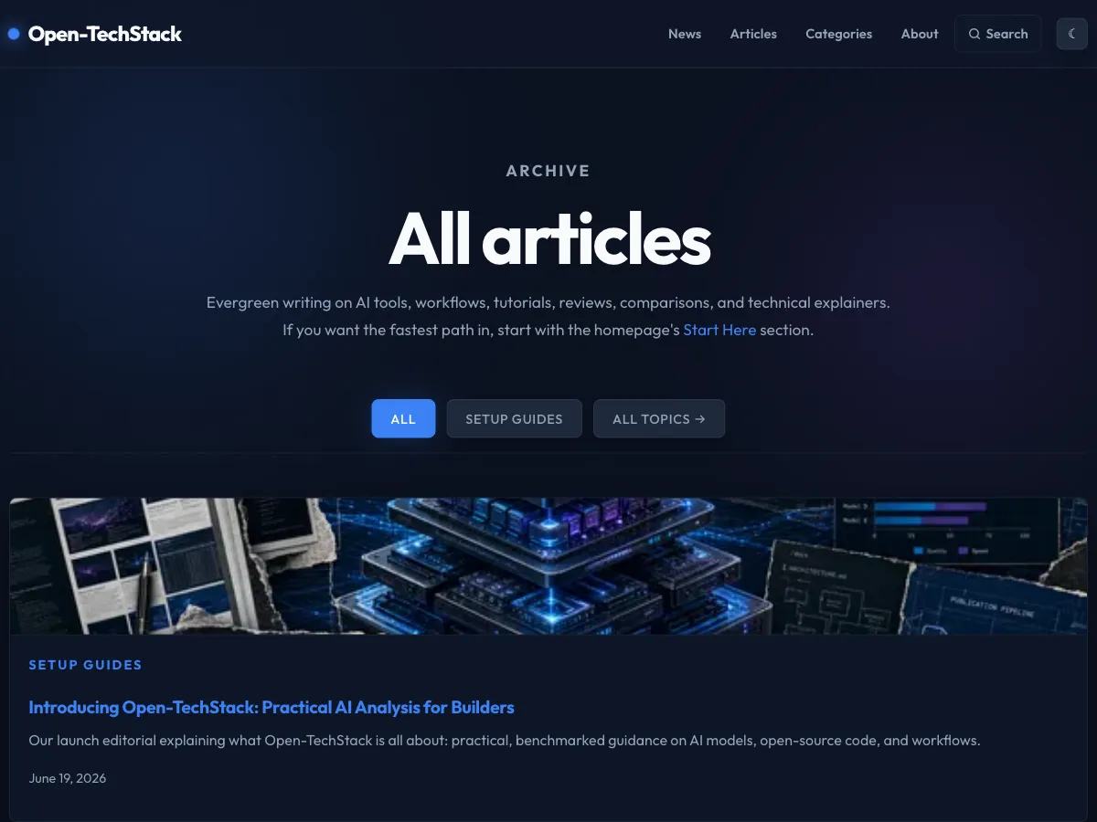 Open TechStack articles page showing the publication’s editorial coverage.
